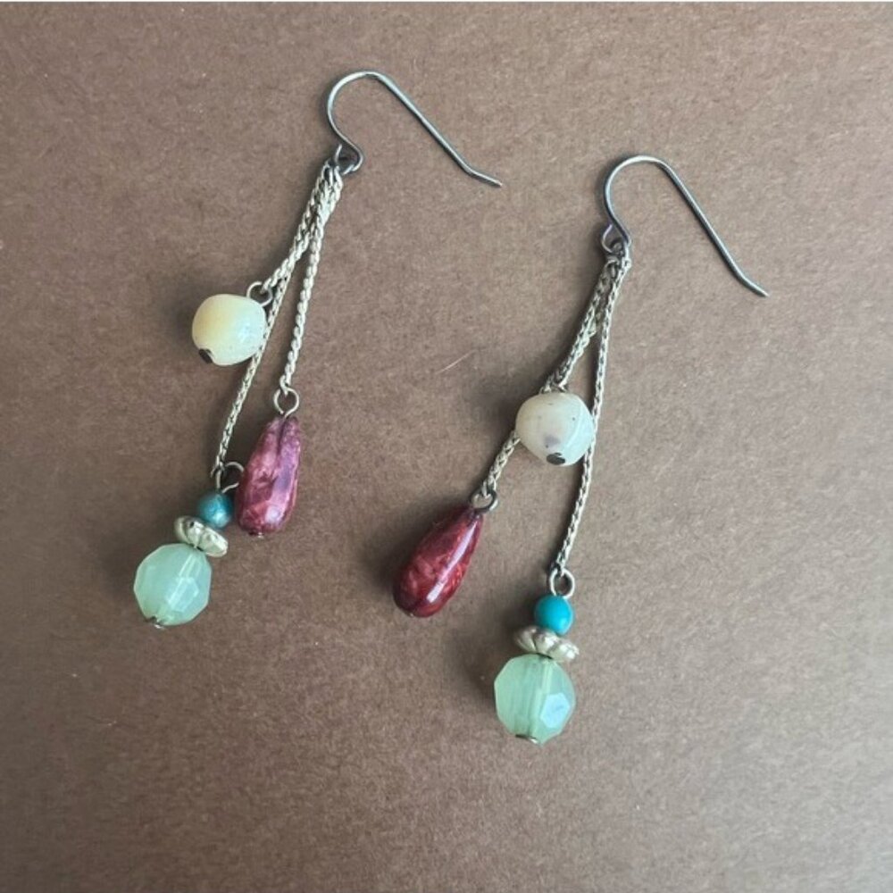 Boho Beaded Dangle Earrings Multi Stone Look Long Drop Chain Artisan Style